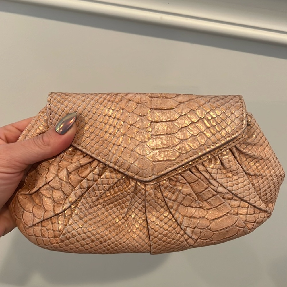 Lauren Merkin Pink Metallic Snakeskin Clutch with gold chain